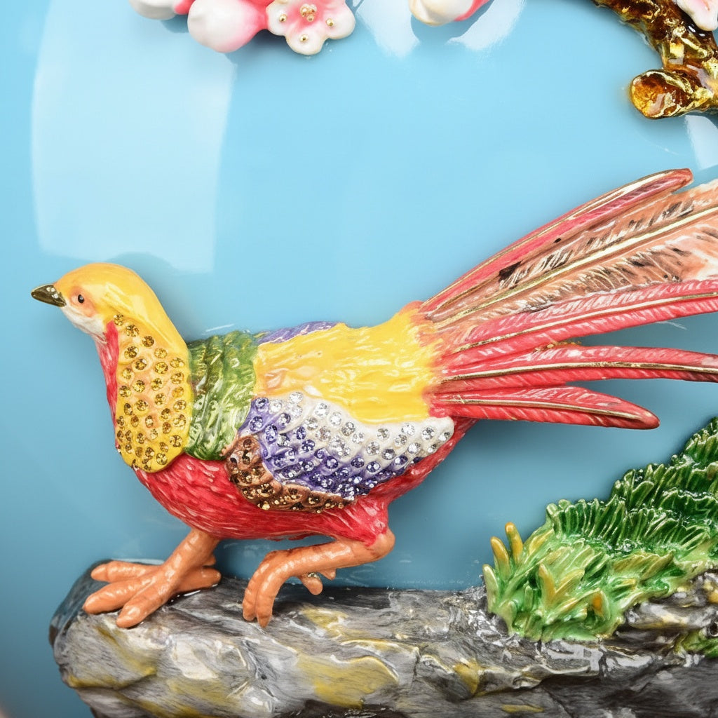 Close up detail of pheasant and floral relief on vase