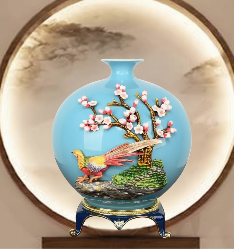 Artistic display of blue ceramic relief vase