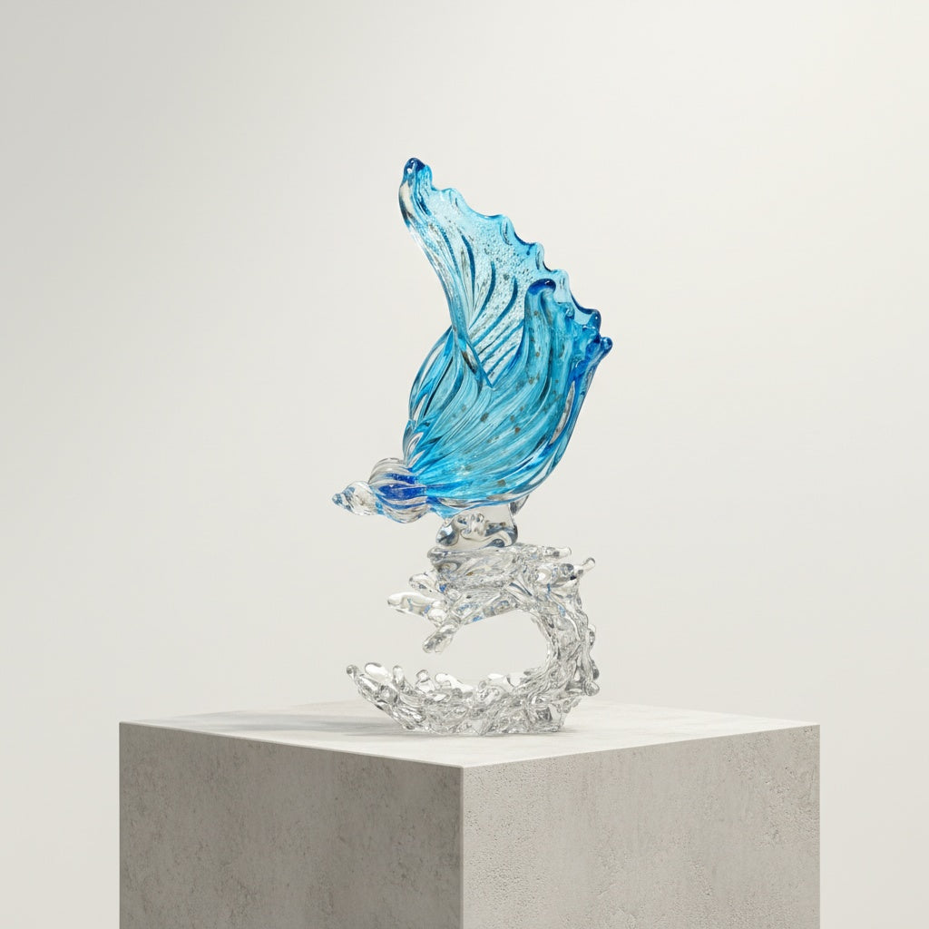 Detail of blue art glass sculpture showing wave texture