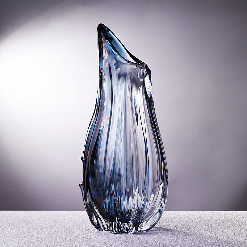 Large blue and copper crystal vase side view