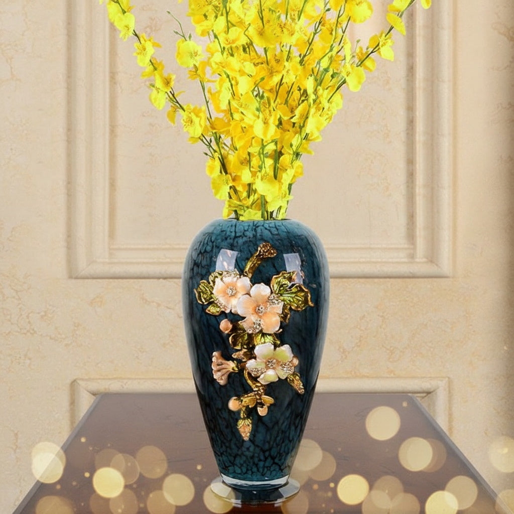Front view of blue crackle vase with yellow flowers