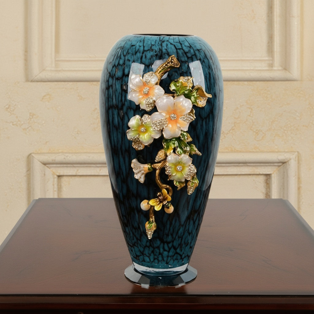 Detailed front view of blue crackle vase with enamel floral applique