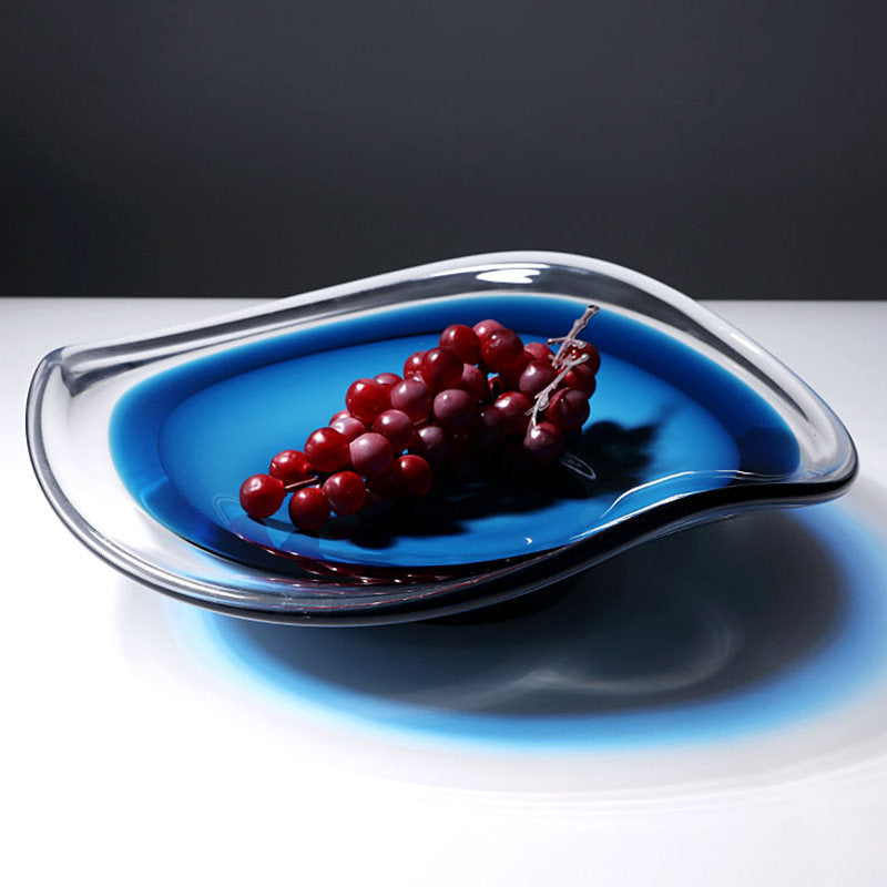 Top angle perspective of blue and clear glass bowl