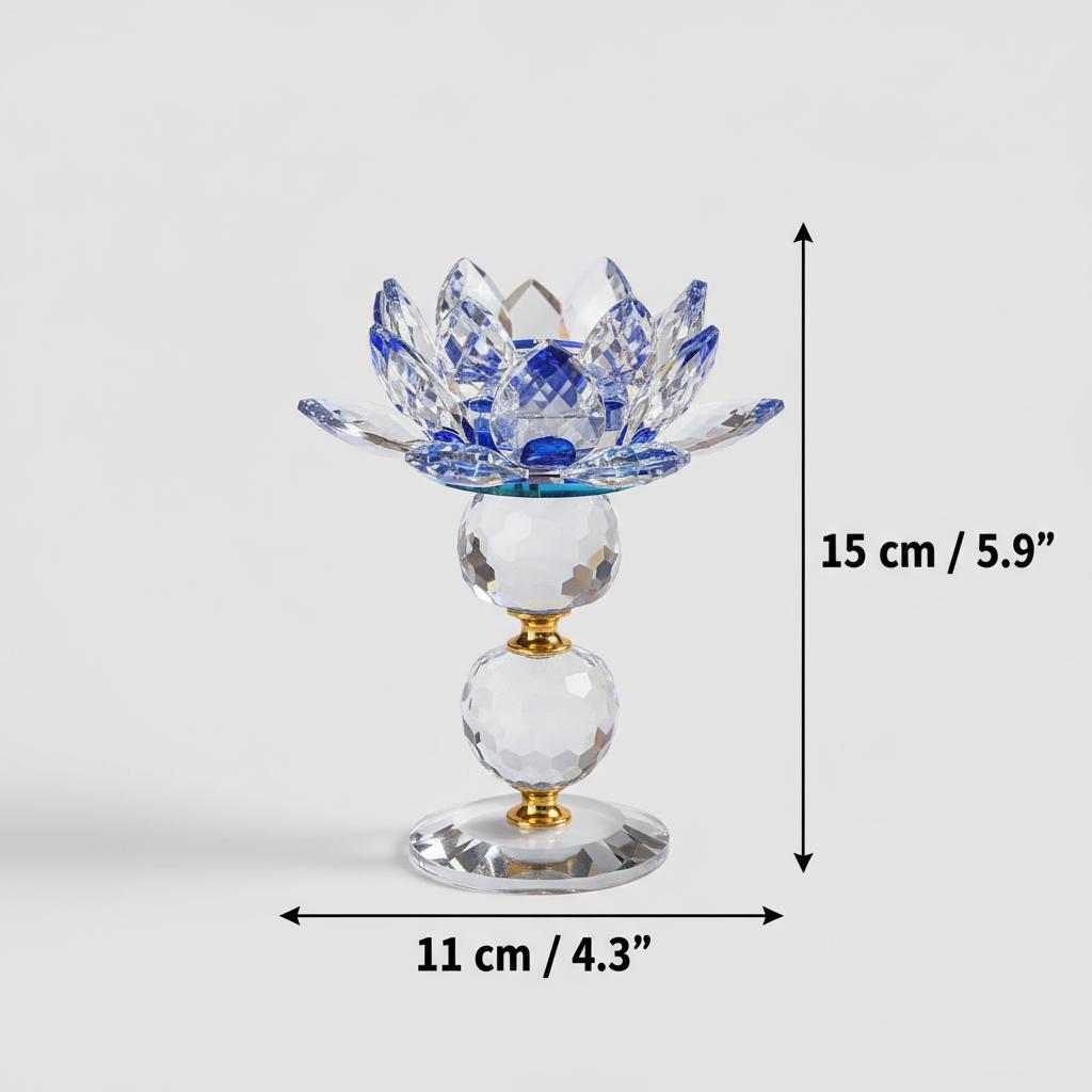 Dimensions diagram of crystal lotus candle holder showing height and width