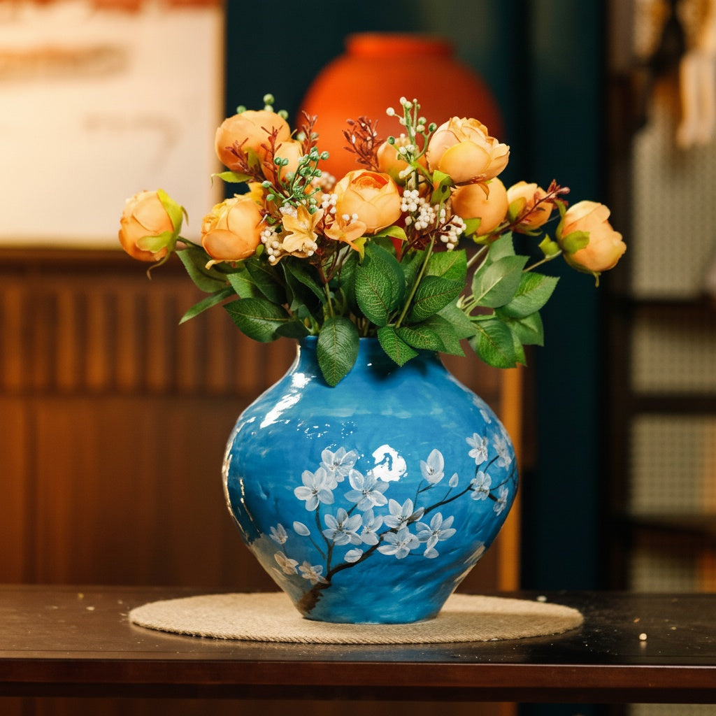 Blue Floral Ceramic Bulb Vase