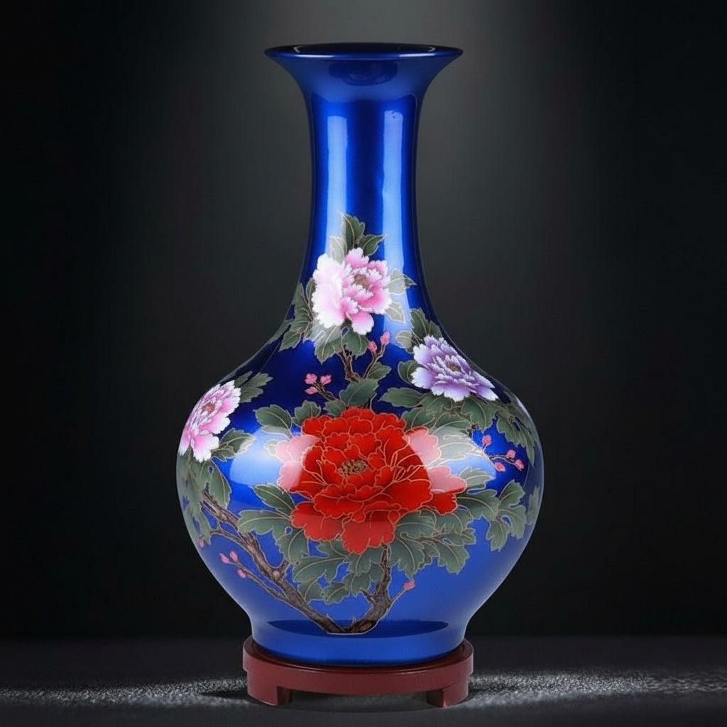 Blue Floral Enameled Baluster Vase
