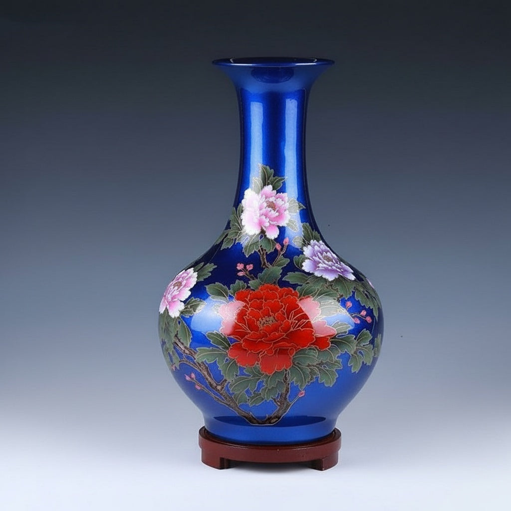 Blue Floral Enameled Baluster Vase