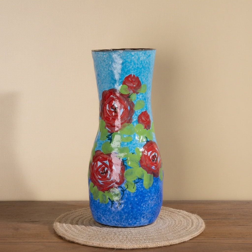 Front view of blue floral enameled vase with red roses