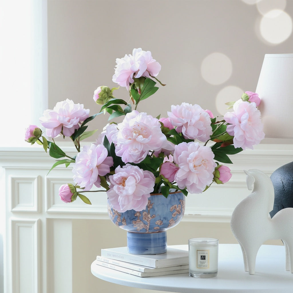 Blue floral porcelain footed vase with pink peonies