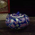 Blue Floral Porcelain Pumpkin Lidded Jar