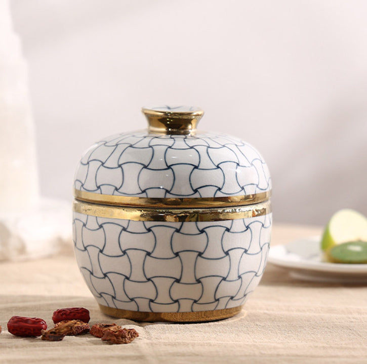 Front view of geometric pattern lidded jar