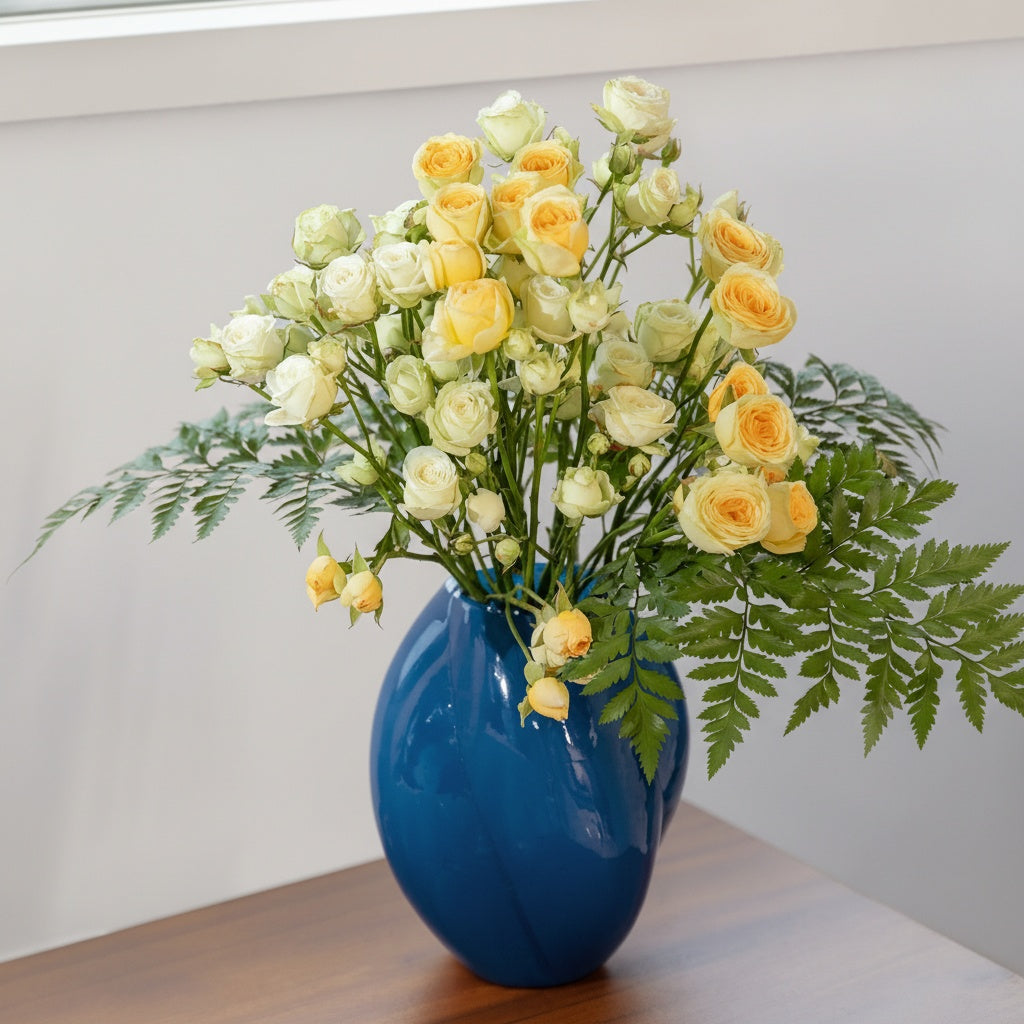 Cobalt blue glass vase holding yellow roses