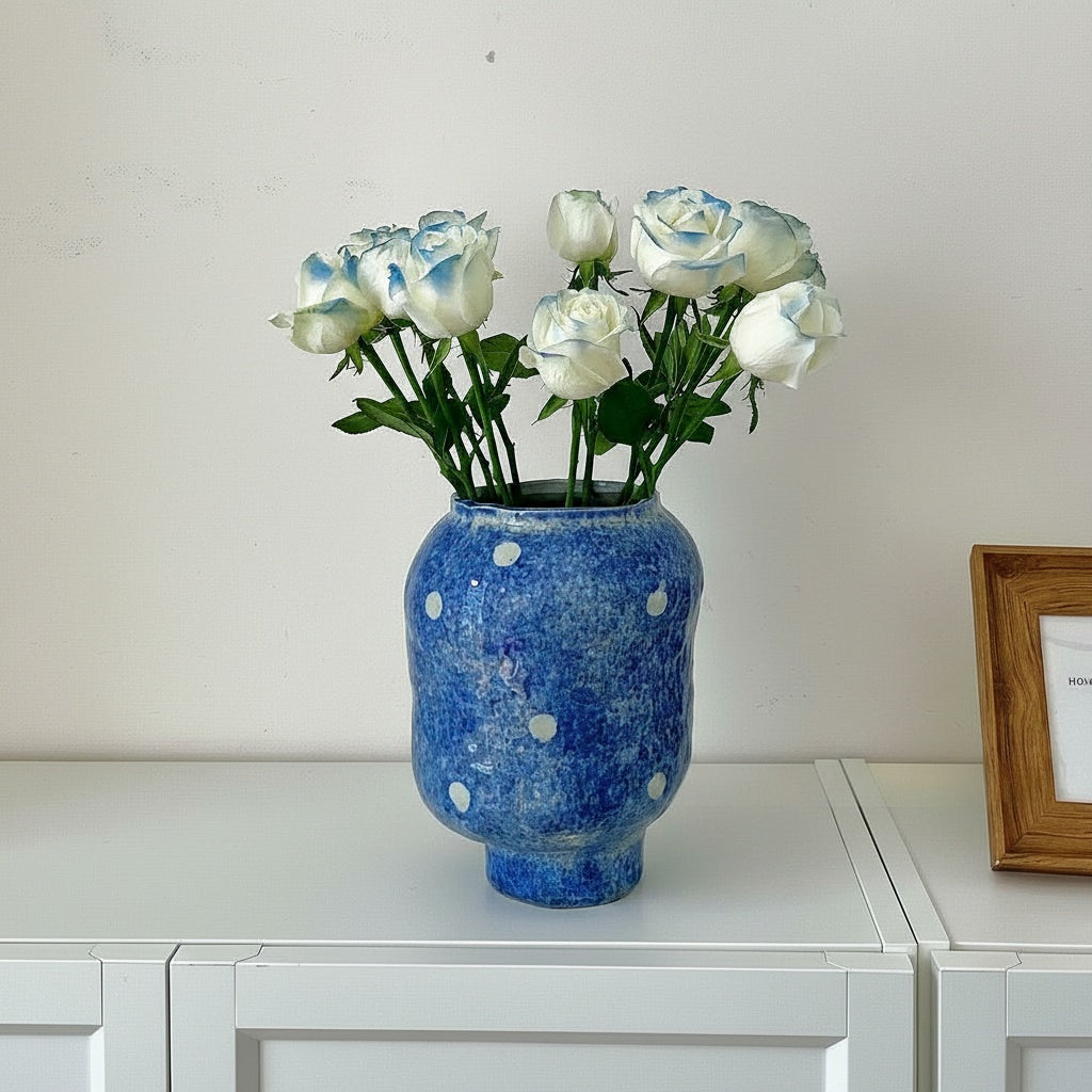 Blue glazed ceramic vase with white polka dots holding white roses