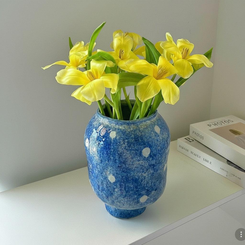 Bulbous blue spotted vase with yellow tulips on white surface