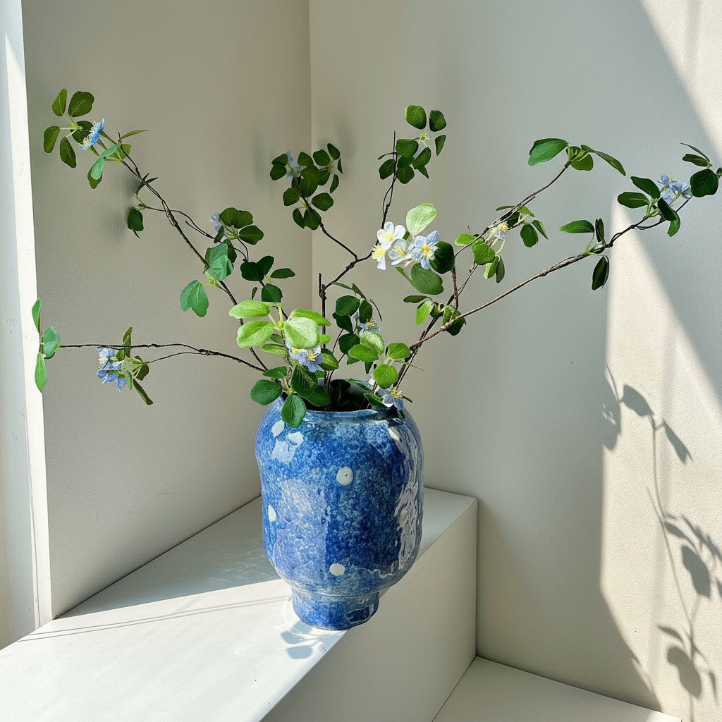 Artistic blue ceramic vase with green branches and small flowers