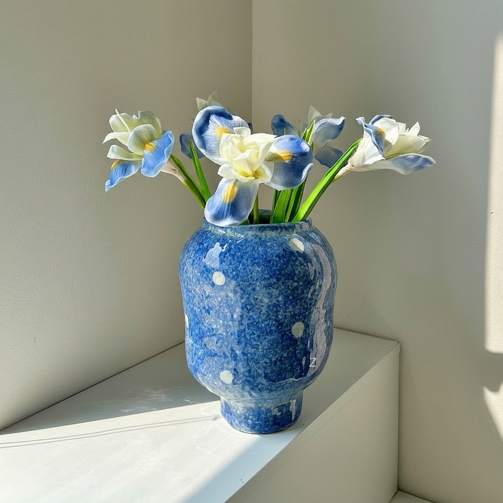 Blue and white polka dot vase displaying iris flowers