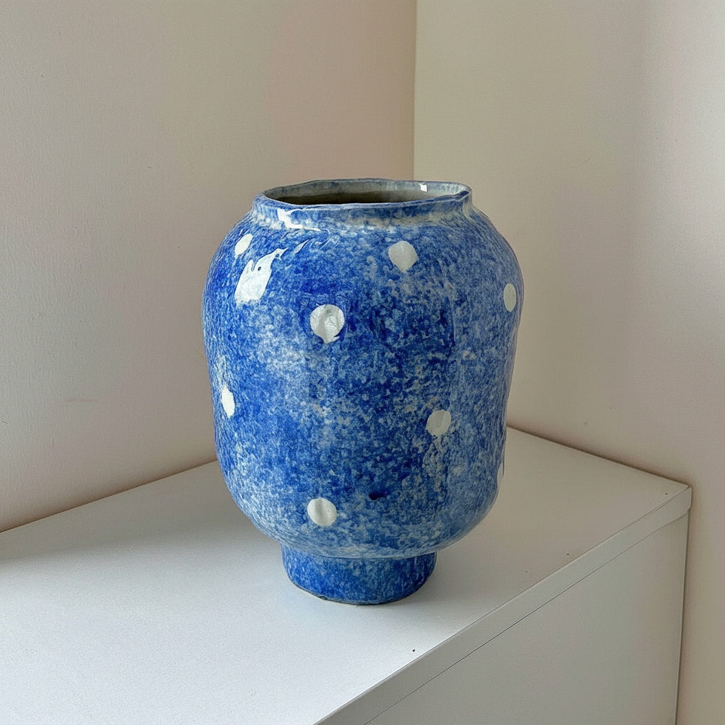 Empty blue mottled ceramic vase showing rim and glaze detail
