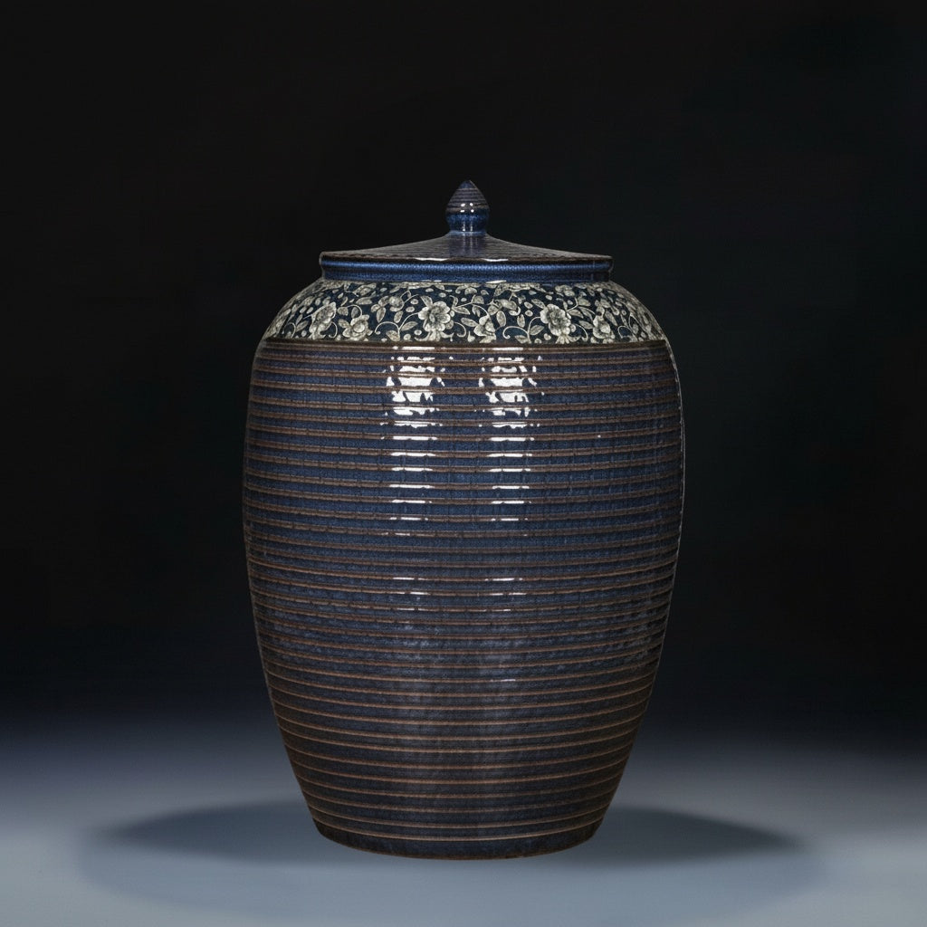 Blue Glazed Ceramic Ribbed Lidded Jar Front View