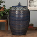 Blue Glazed Ceramic Ribbed Lidded Jar with Floral Detail