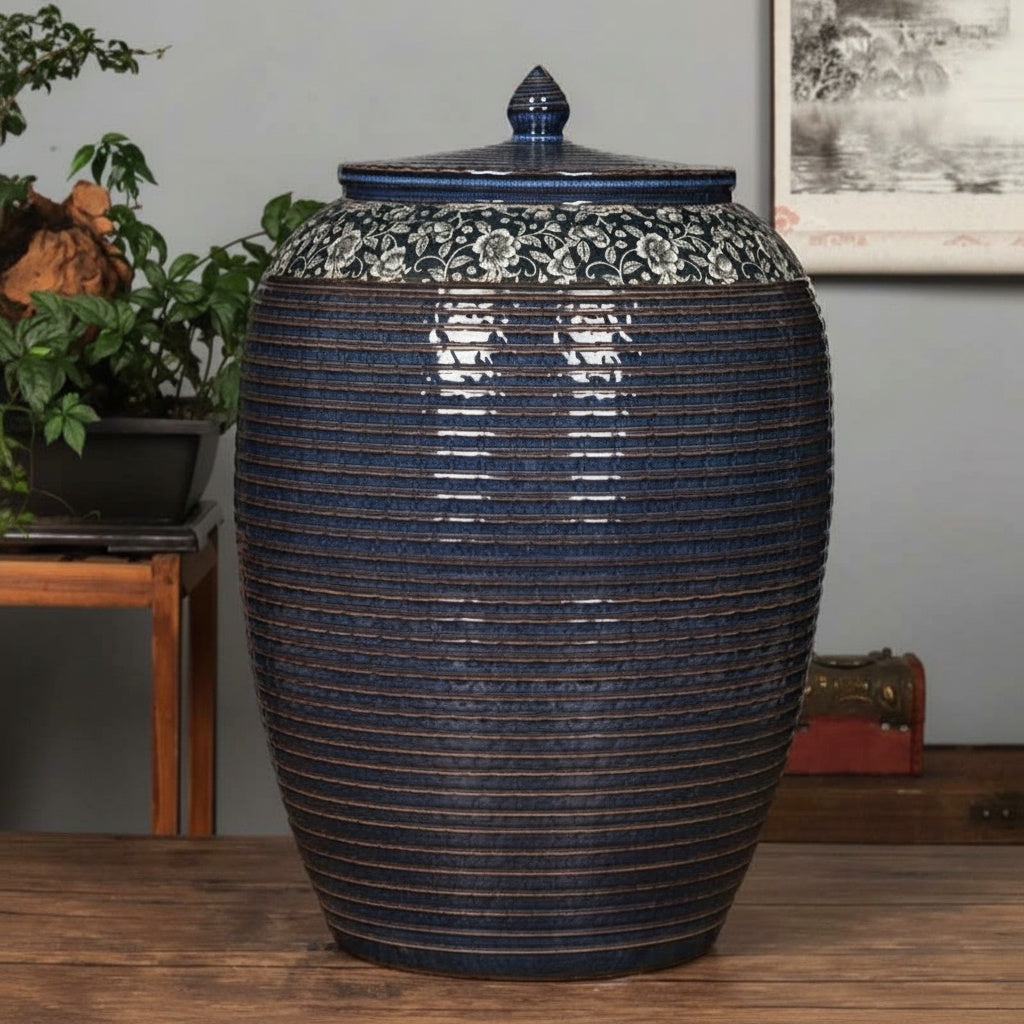 Blue Glazed Ceramic Ribbed Lidded Jar with Floral Detail