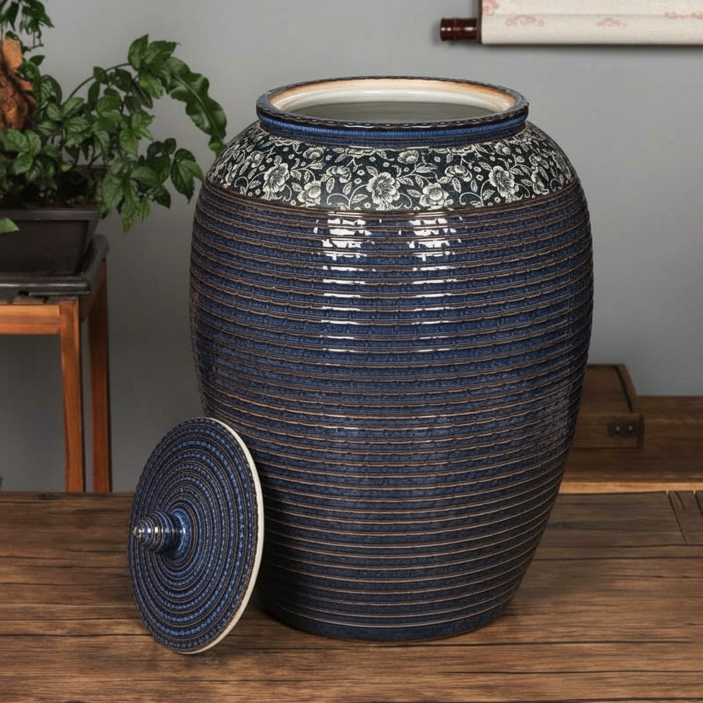 Blue Glazed Ceramic Ribbed Lidded Jar Open Lid View
