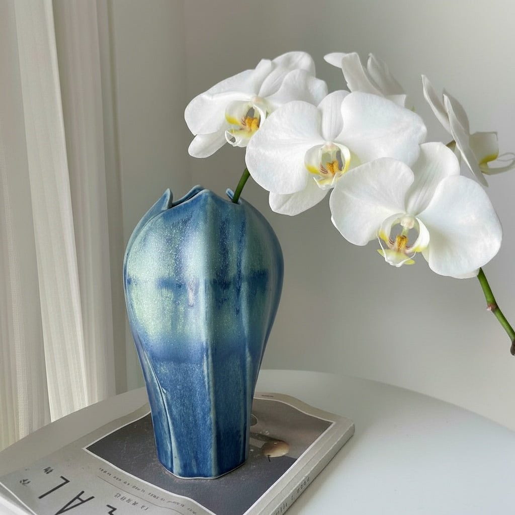 Blue Glazed Ceramic Tulip Vase with Orchids