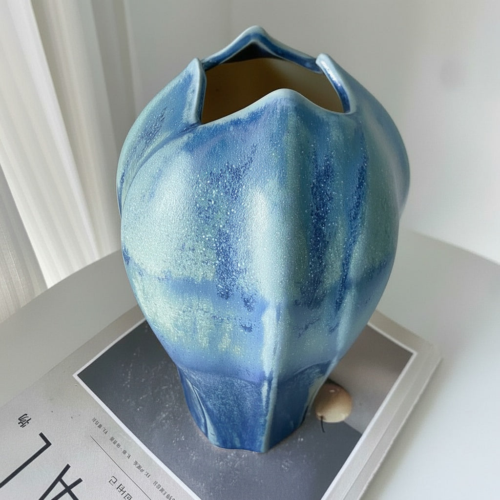 Top View of Blue Glazed Ceramic Tulip Vase
