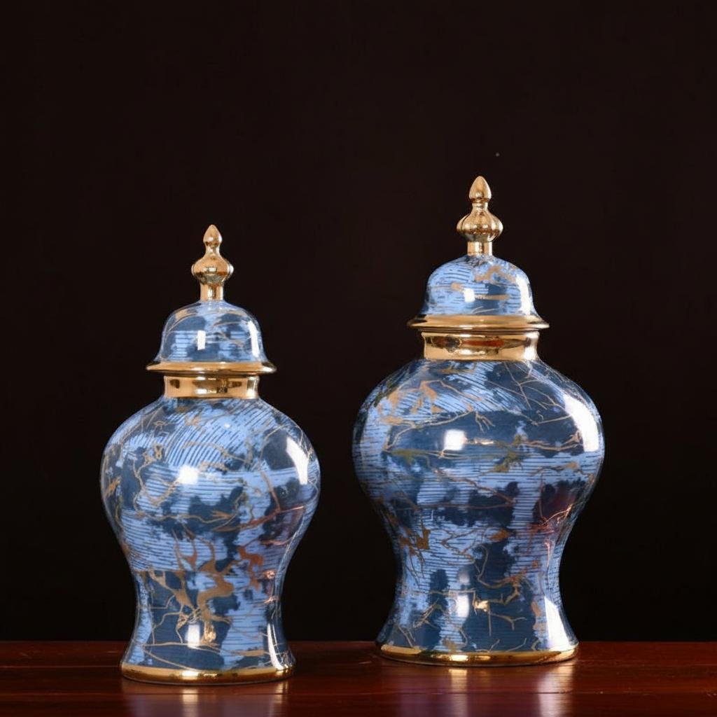Blue and gold ceramic ginger jars set on wooden table