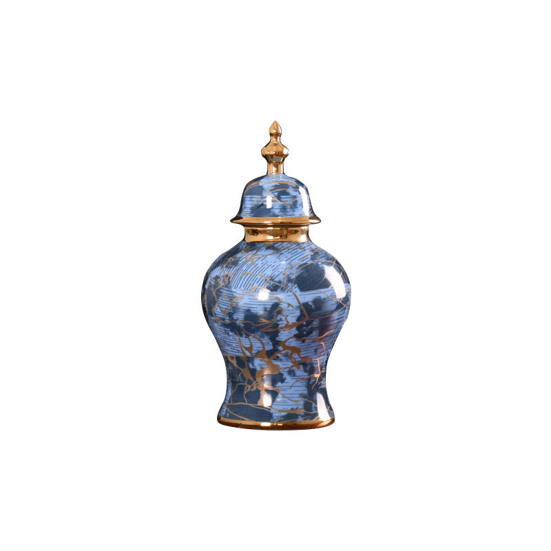 Medium blue ceramic temple jar with gold abstract veining