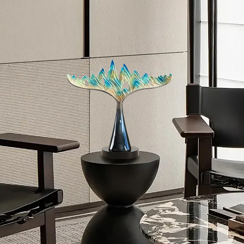 Sculpture placed on a pedestal in a modern living room setting