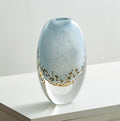 Tall oval blue glass vase with gold speckles front view