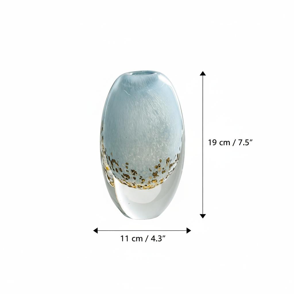 Dimensions diagram of large oval blue glass vase