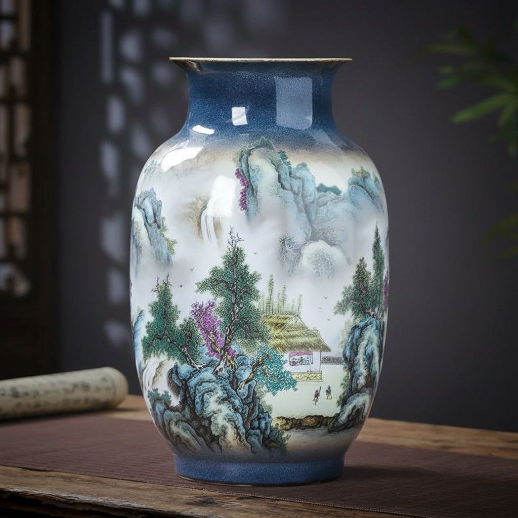 Blue gradient landscape ceramic vase featuring mountain scenery