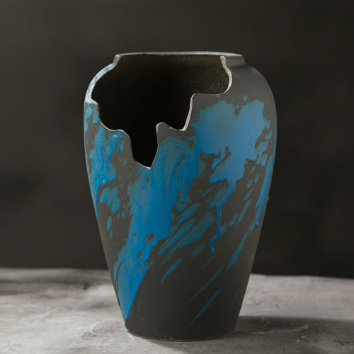 Blue And Graphite Ceramic Sculptural Vase