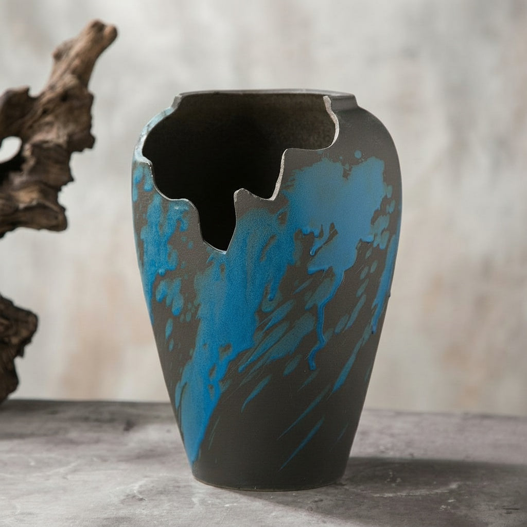 Blue And Graphite Ceramic Sculptural Vase Angled View