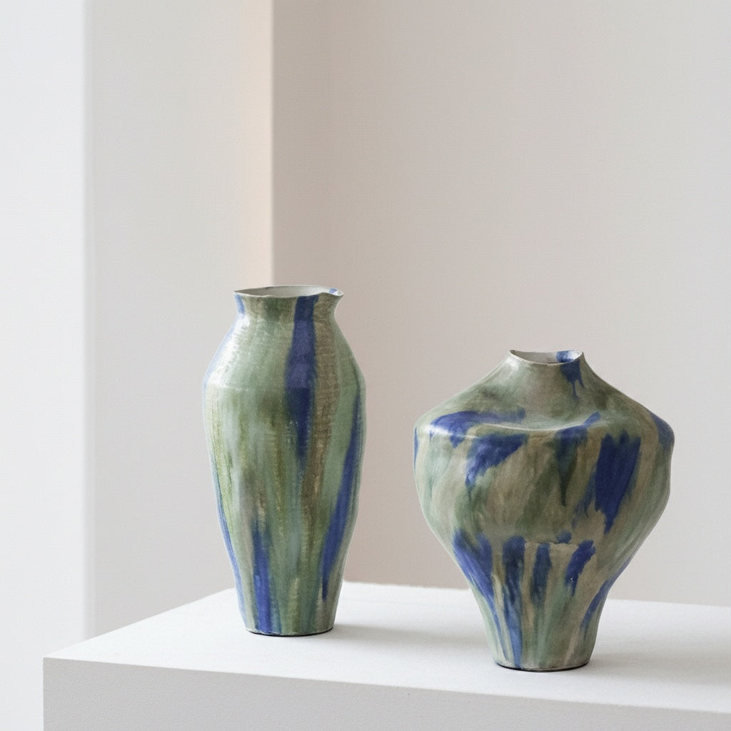 Duo of abstract blue and green glazed ceramic vases