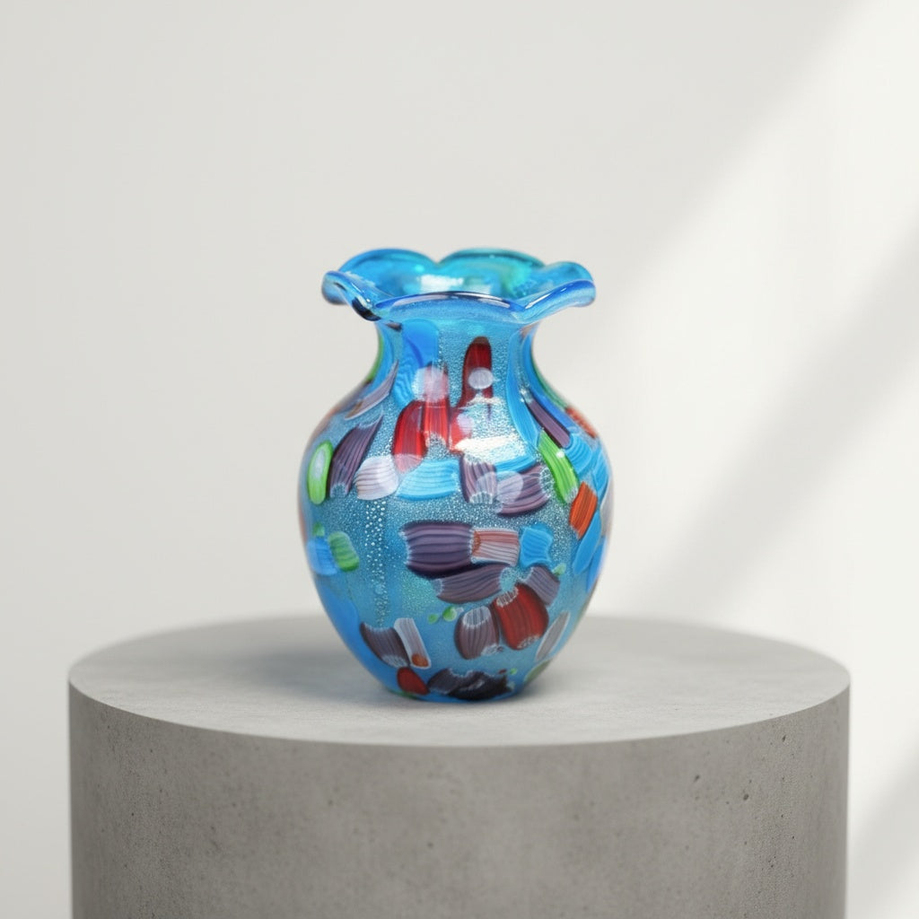 Full view of blue multicolor art glass vase with ruffled rim