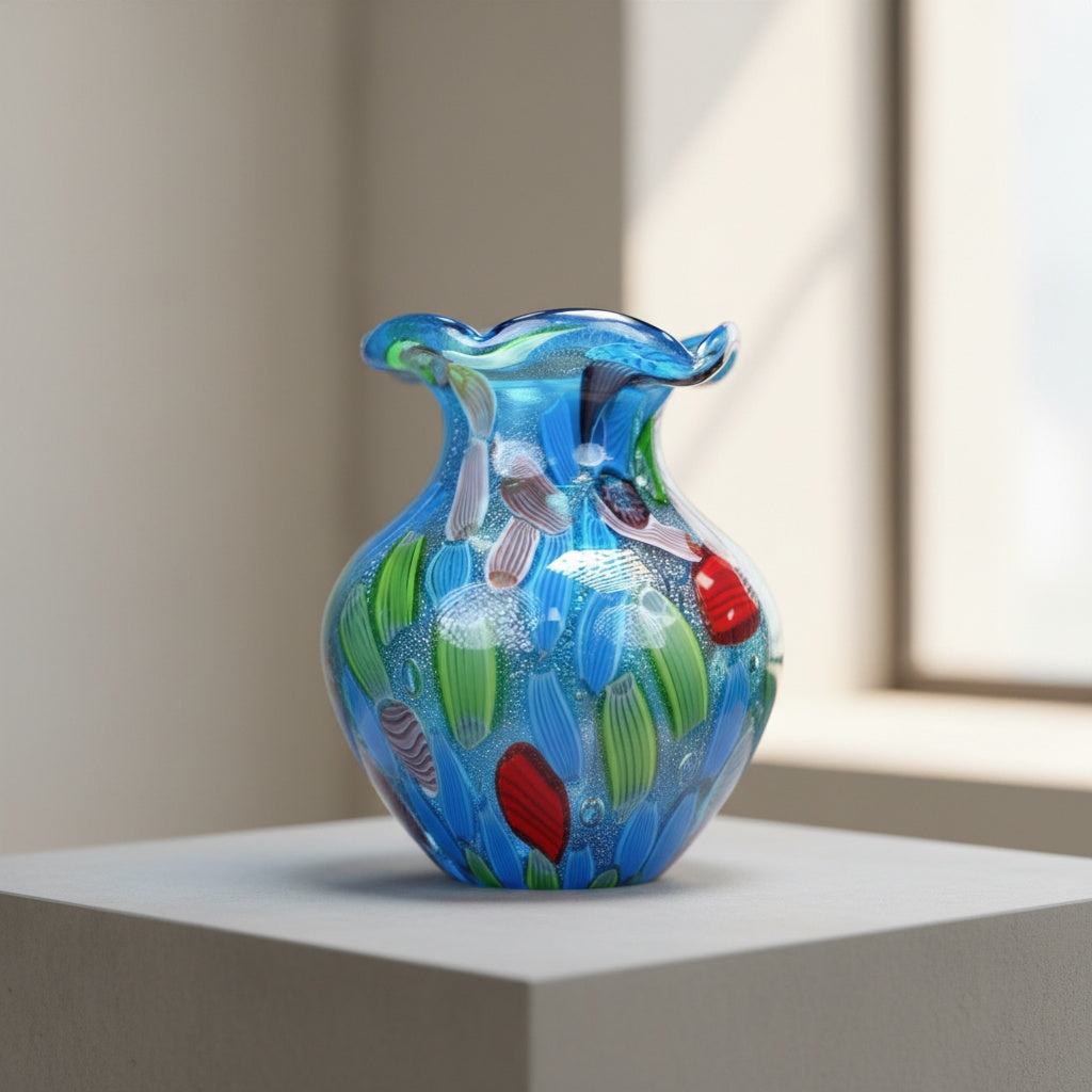 Detail shot of the ruffled rim and multicolor glass texture