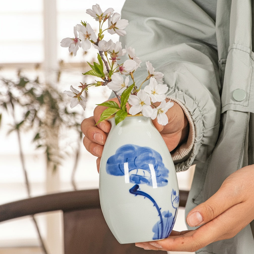 Blue Painted Porcelain Bud Vase Held With Flowers