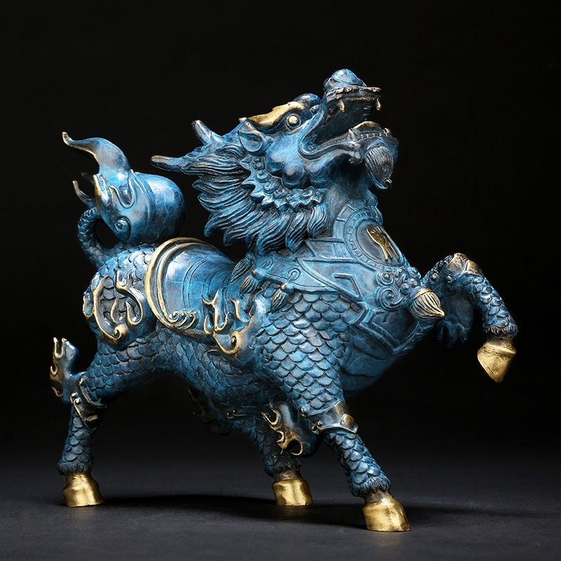 Side view of rearing Qilin sculpture showing detailed scales and patina