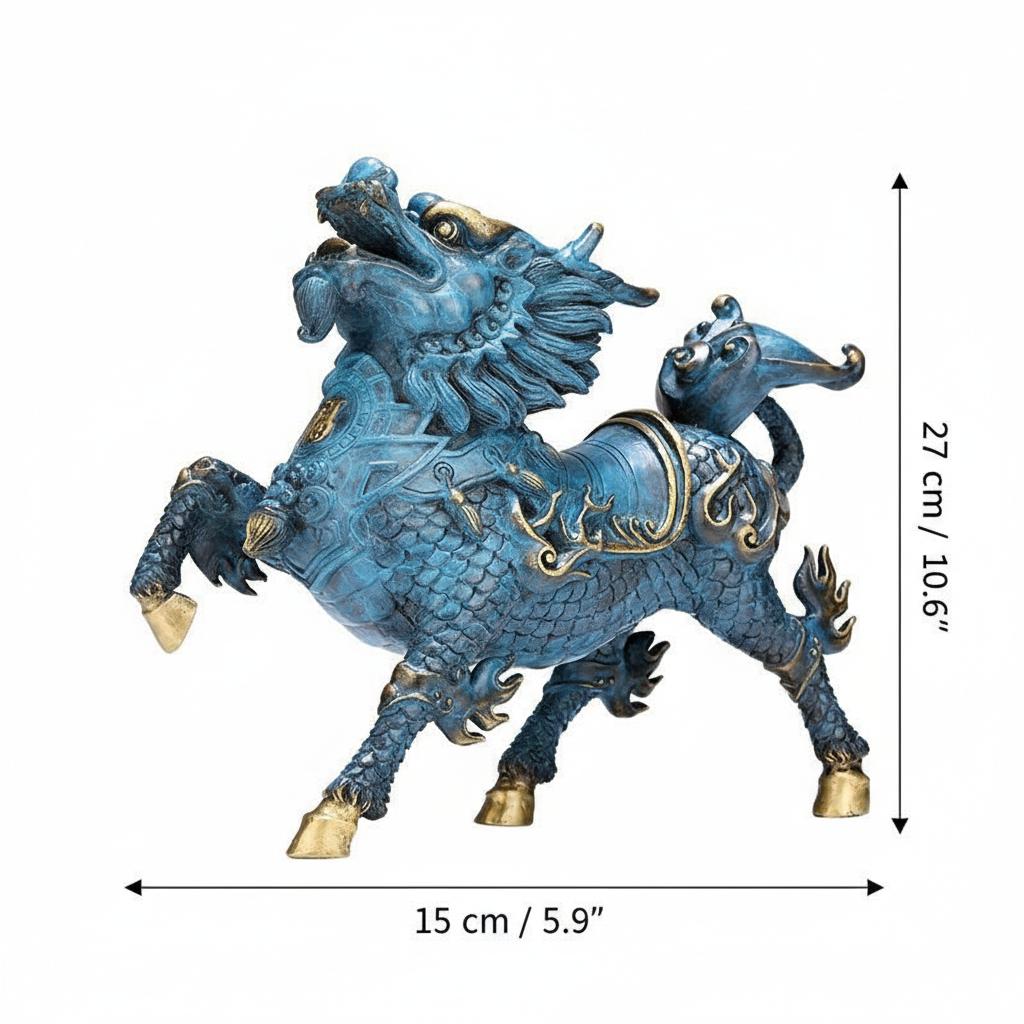 Dimensions diagram of the copper Qilin statue