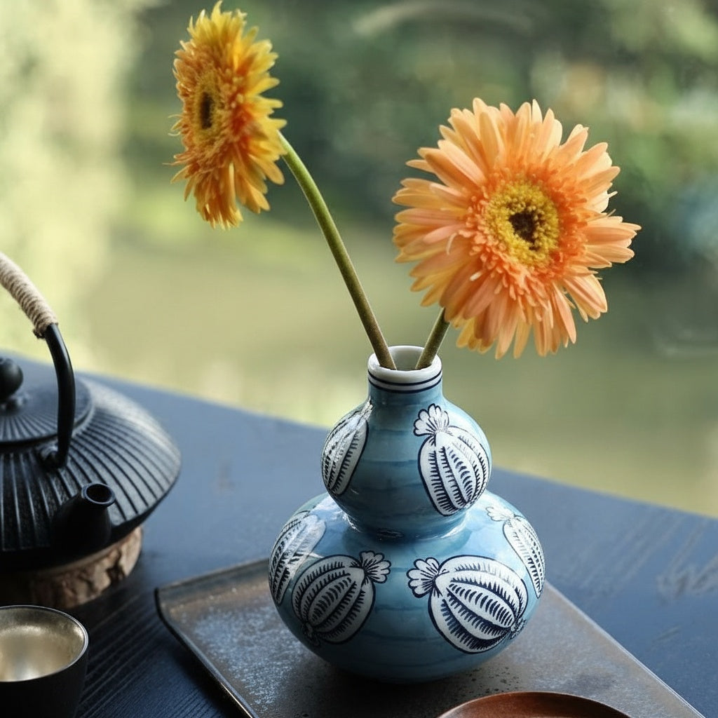 Top view of blue ceramic gourd vase with orange flowers