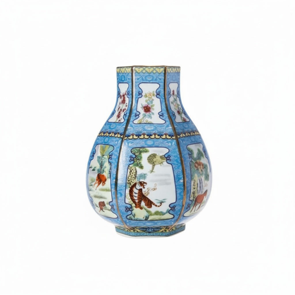 Blue Patterned Porcelain Paneled Vase