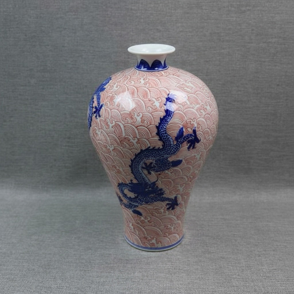 Blue and red dragon motif porcelain vase