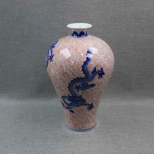 Blue and red dragon motif porcelain vase
