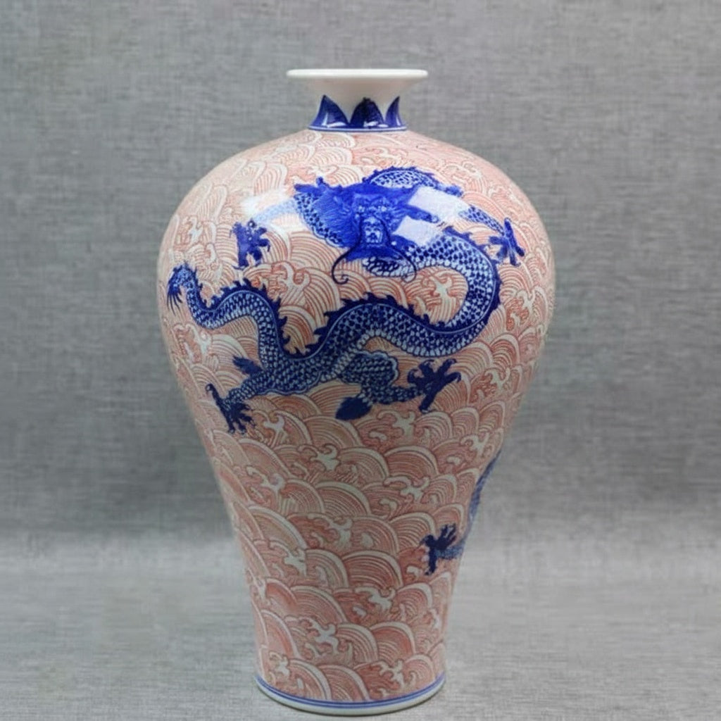 Blue and red dragon motif porcelain vase