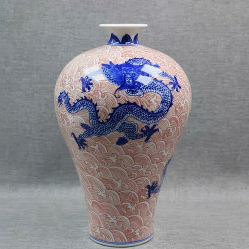 Blue and red dragon motif porcelain vase