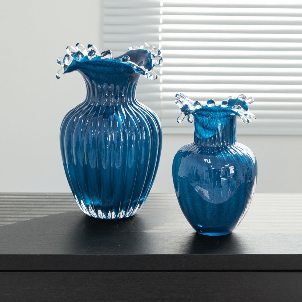 Set of large and medium blue glass vases