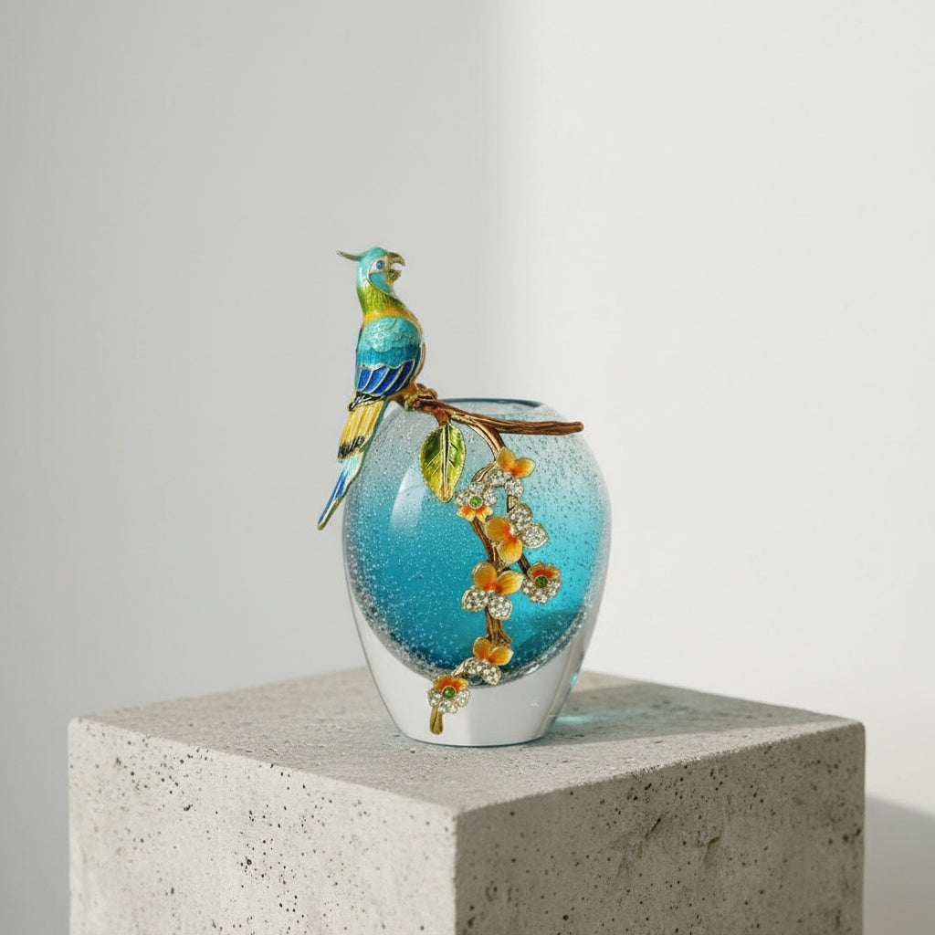 Blue seeded glass vase with enamel parrot detail side view