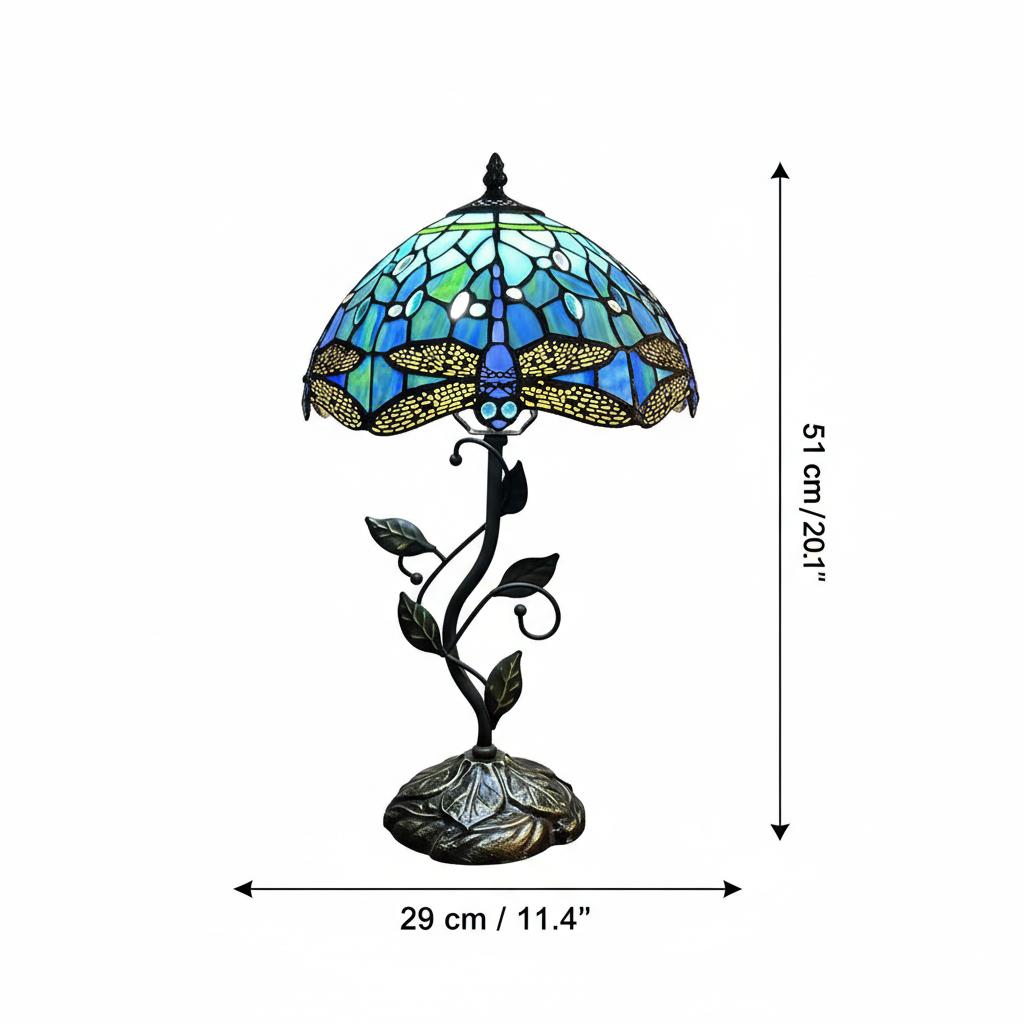 Dimensions diagram of the stained glass dragonfly lamp showing height and width